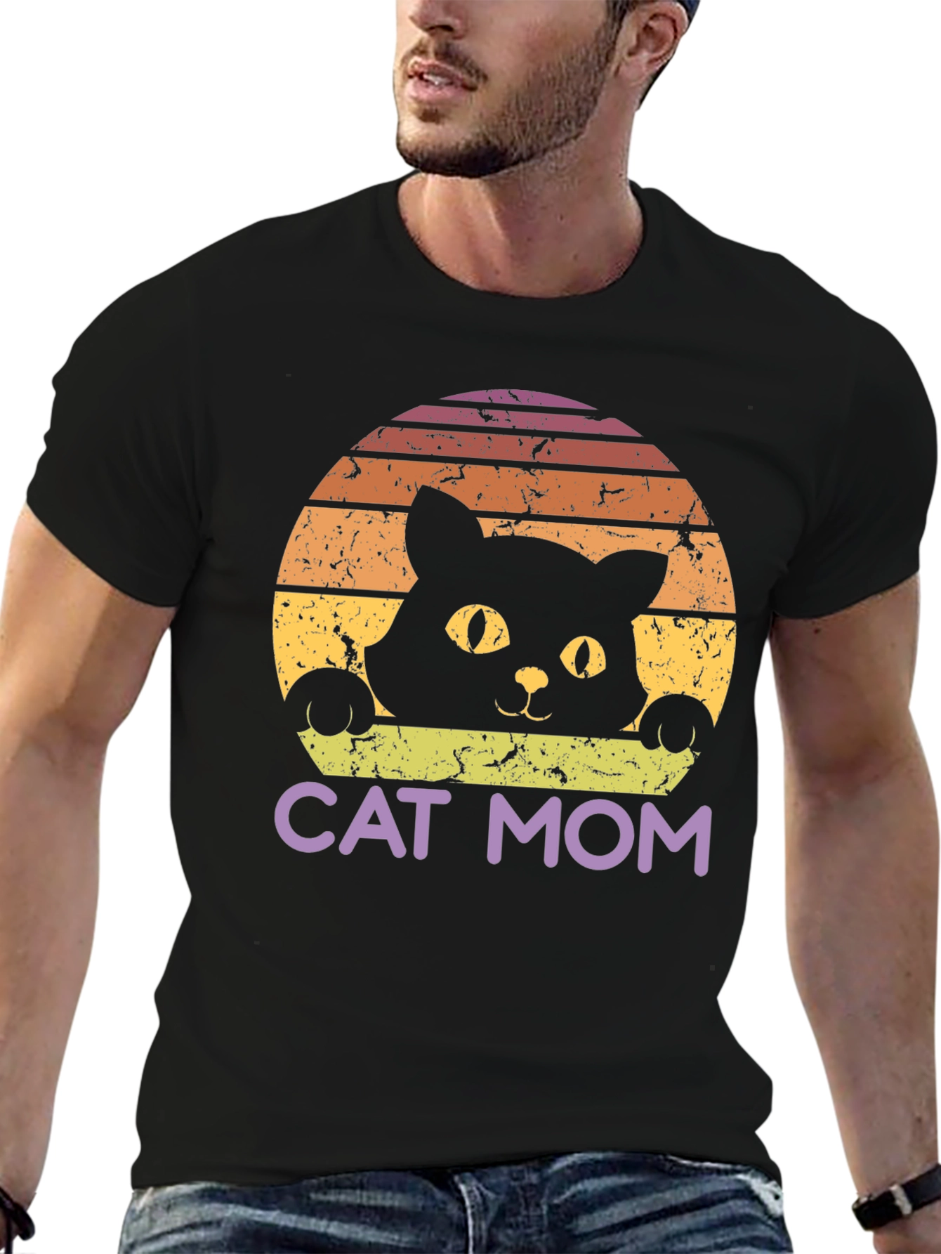 Cat Mom Retro Style Black T-Shirt