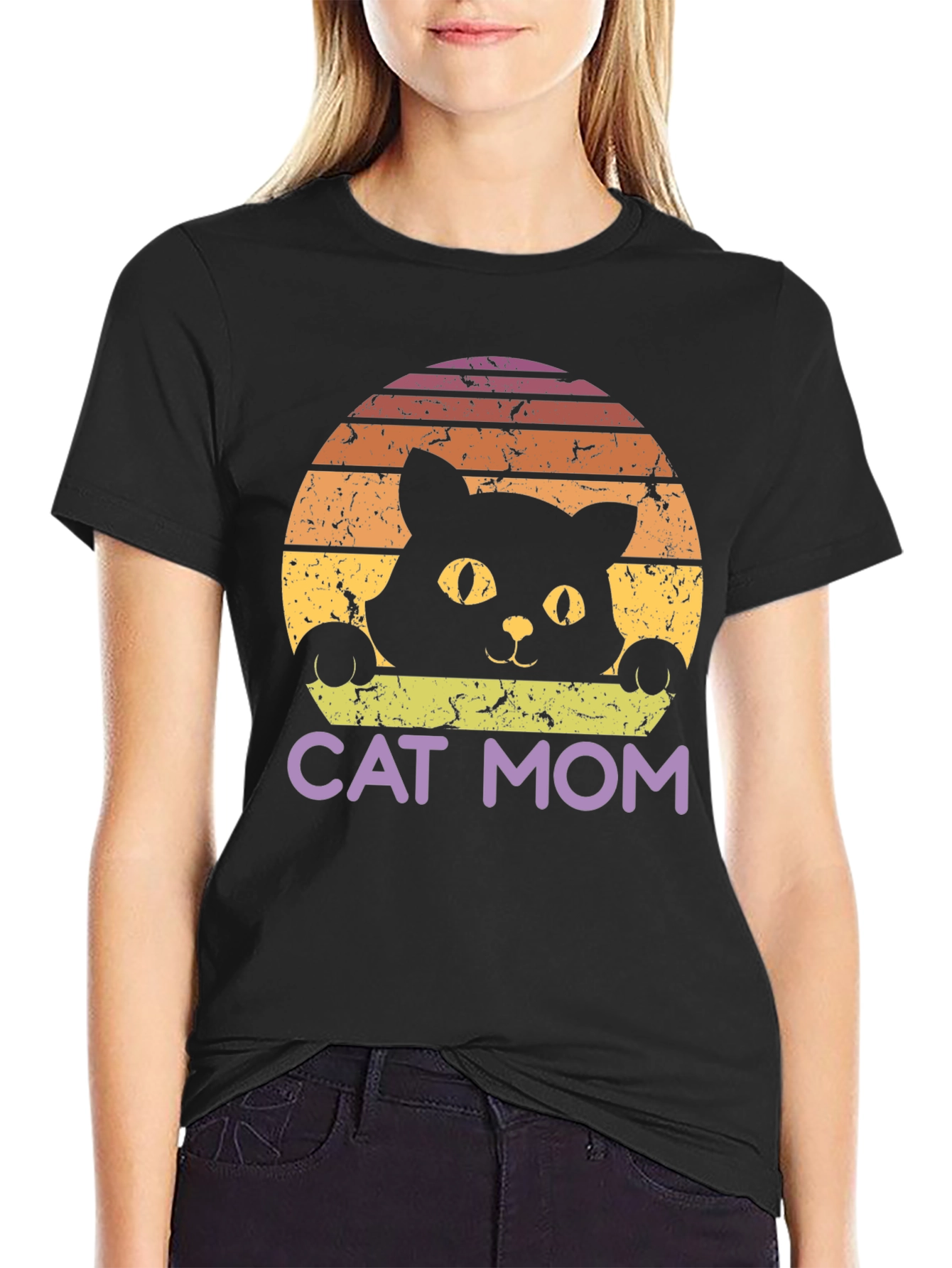 Cat Mom Retro Style Black T-Shirt