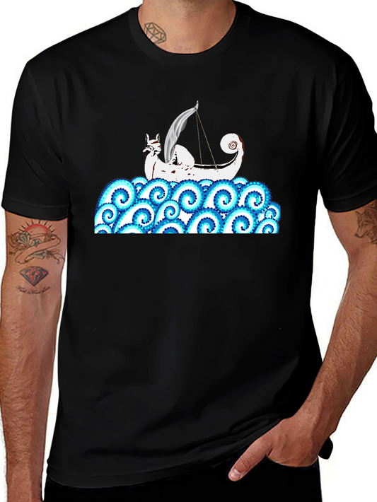 Viking Ship Kraken Wave T-Shirt - Black