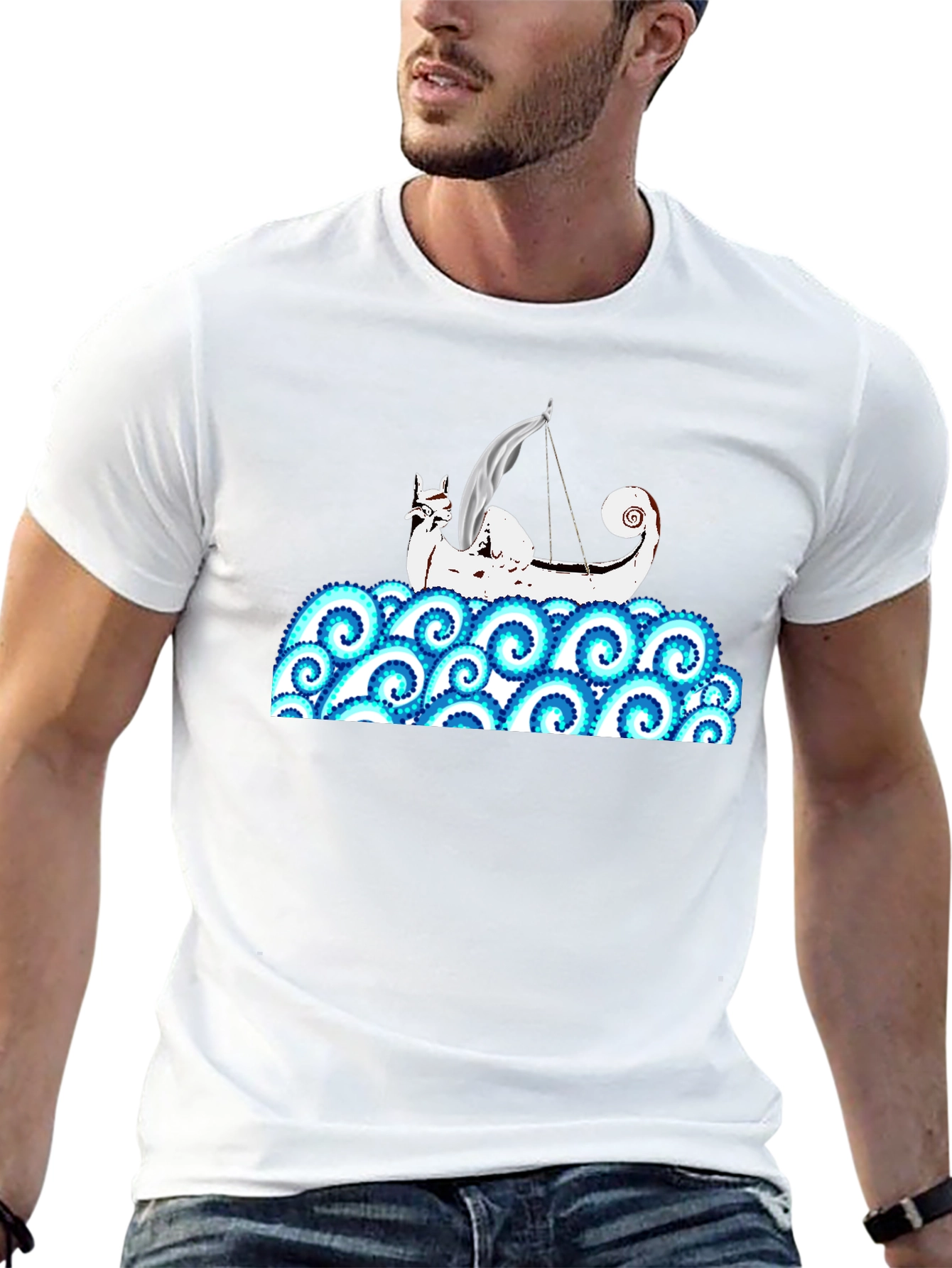 Viking Ship Kraken Wave T-Shirt - Black