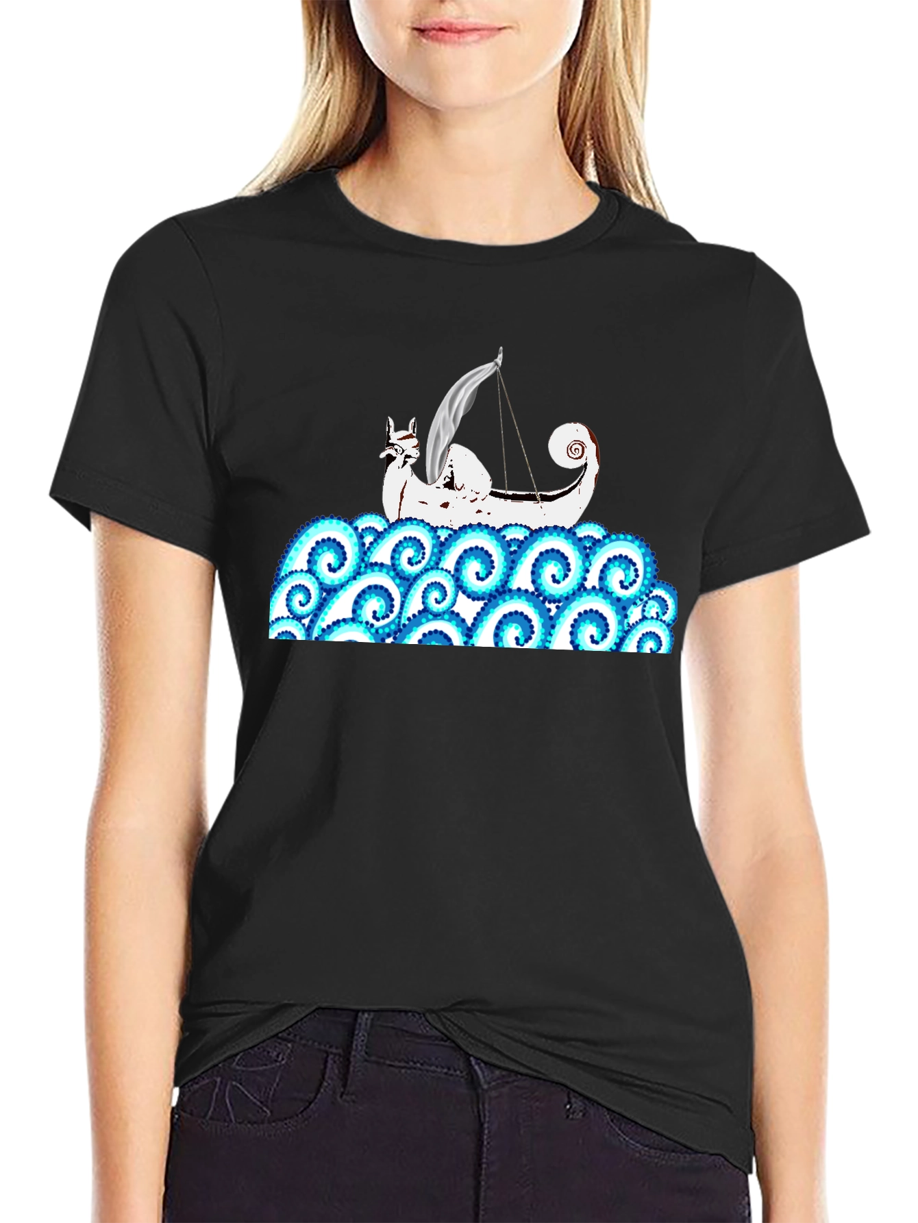 Viking Ship Kraken Wave T-Shirt - Black