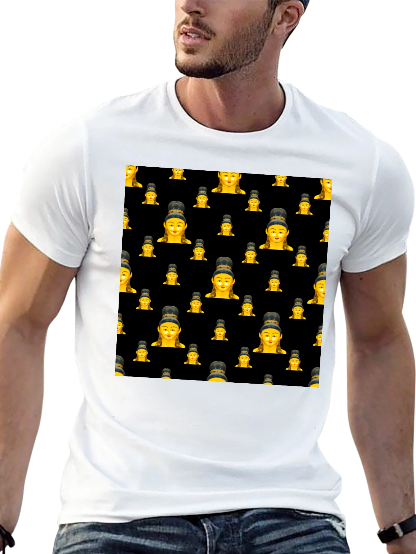Buddha Emoji Pattern Black T-Shirt