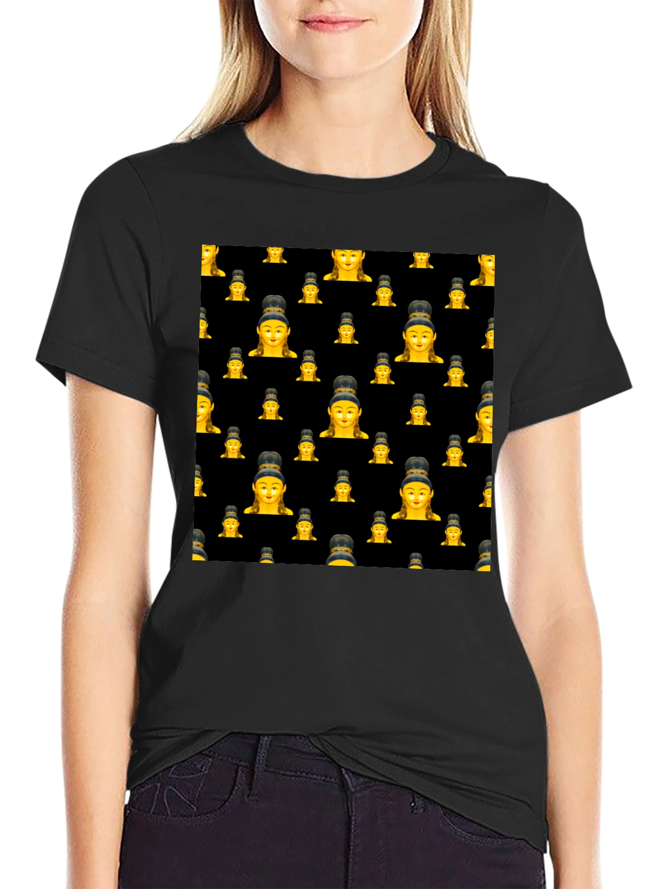 Buddha Emoji Pattern Black T-Shirt