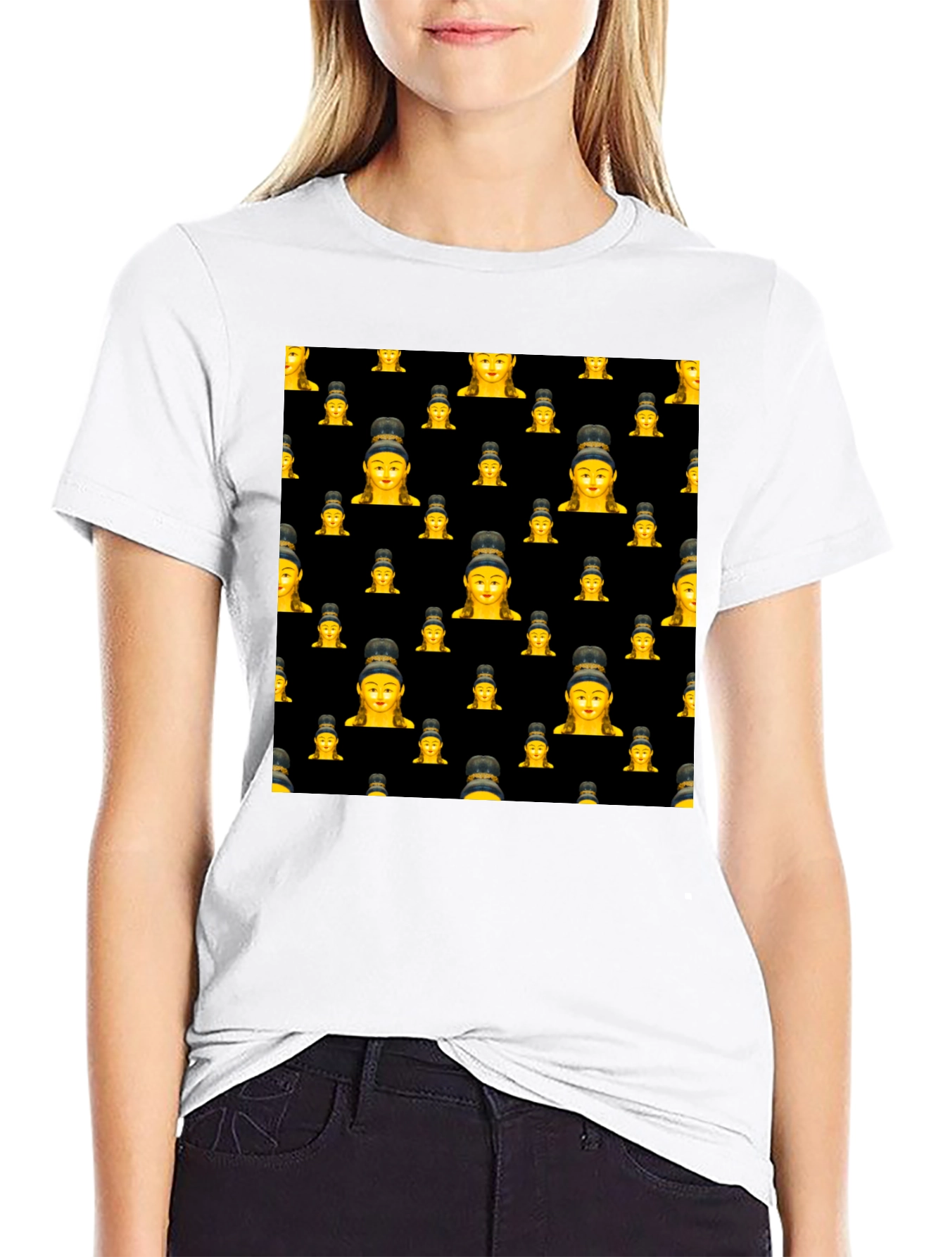 Buddha Emoji Pattern Black T-Shirt