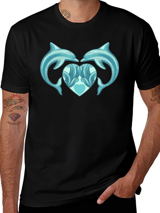 Dolphin Heart Graphic Tee - Black Cotton Casual