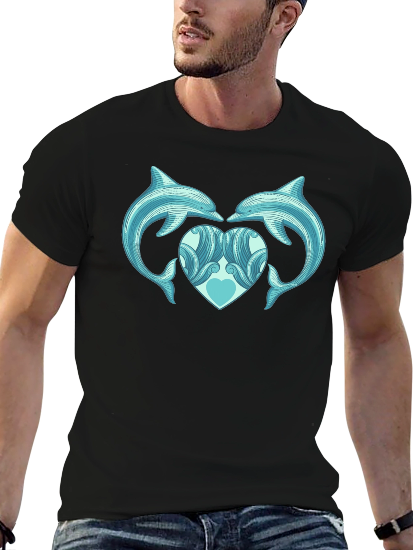 Dolphin Heart Graphic Tee - Black Cotton Casual