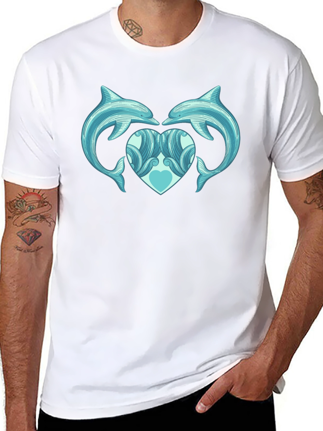 Dolphin Heart Graphic Tee - Black Cotton Casual
