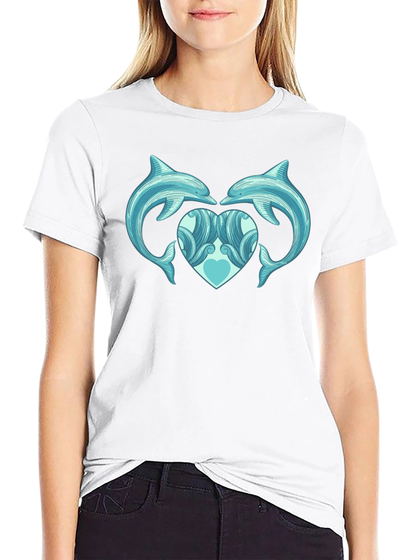 Dolphin Heart Graphic Tee - Black Cotton Casual