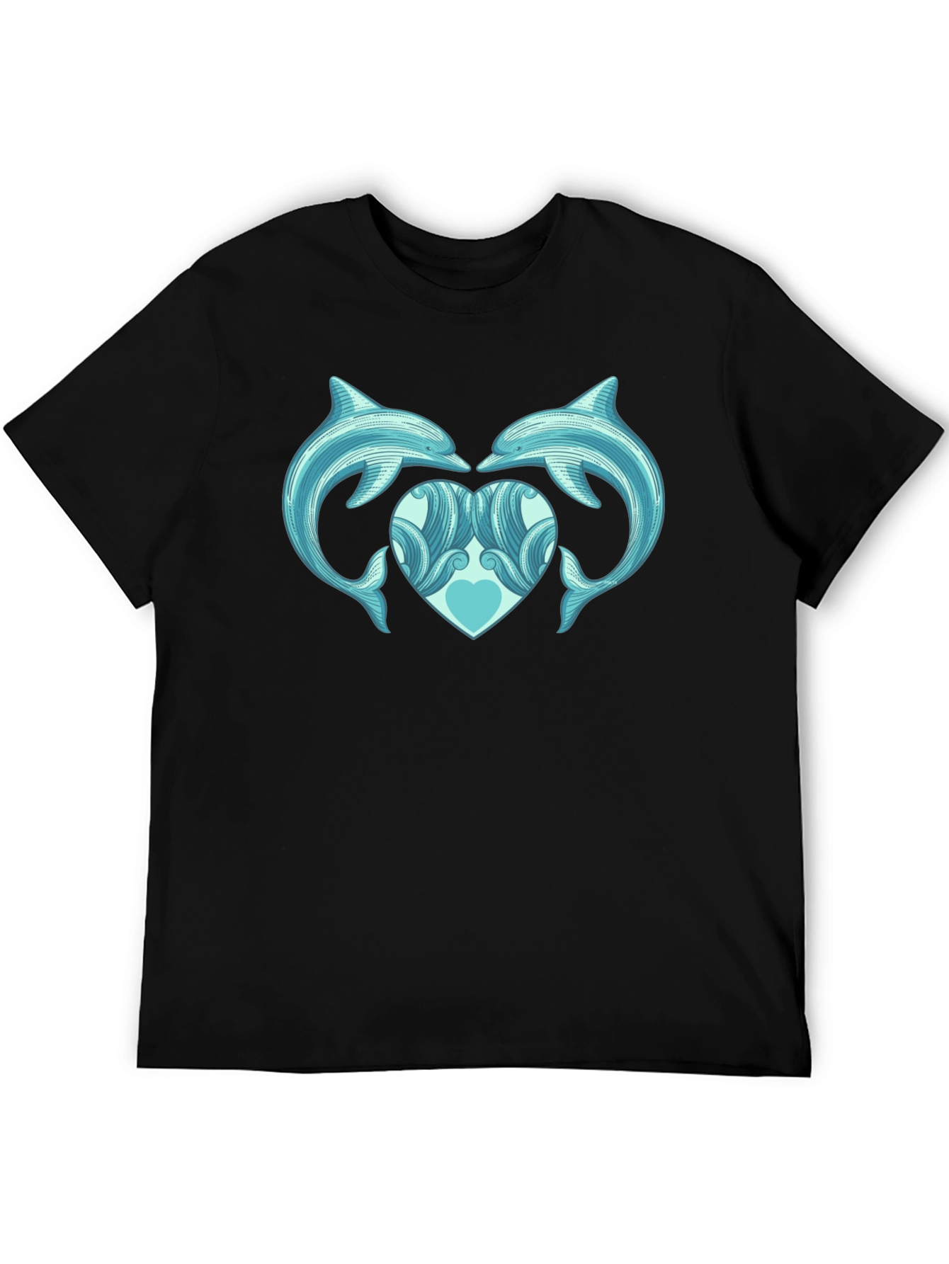 Dolphin Heart Graphic Tee - Black Cotton Casual