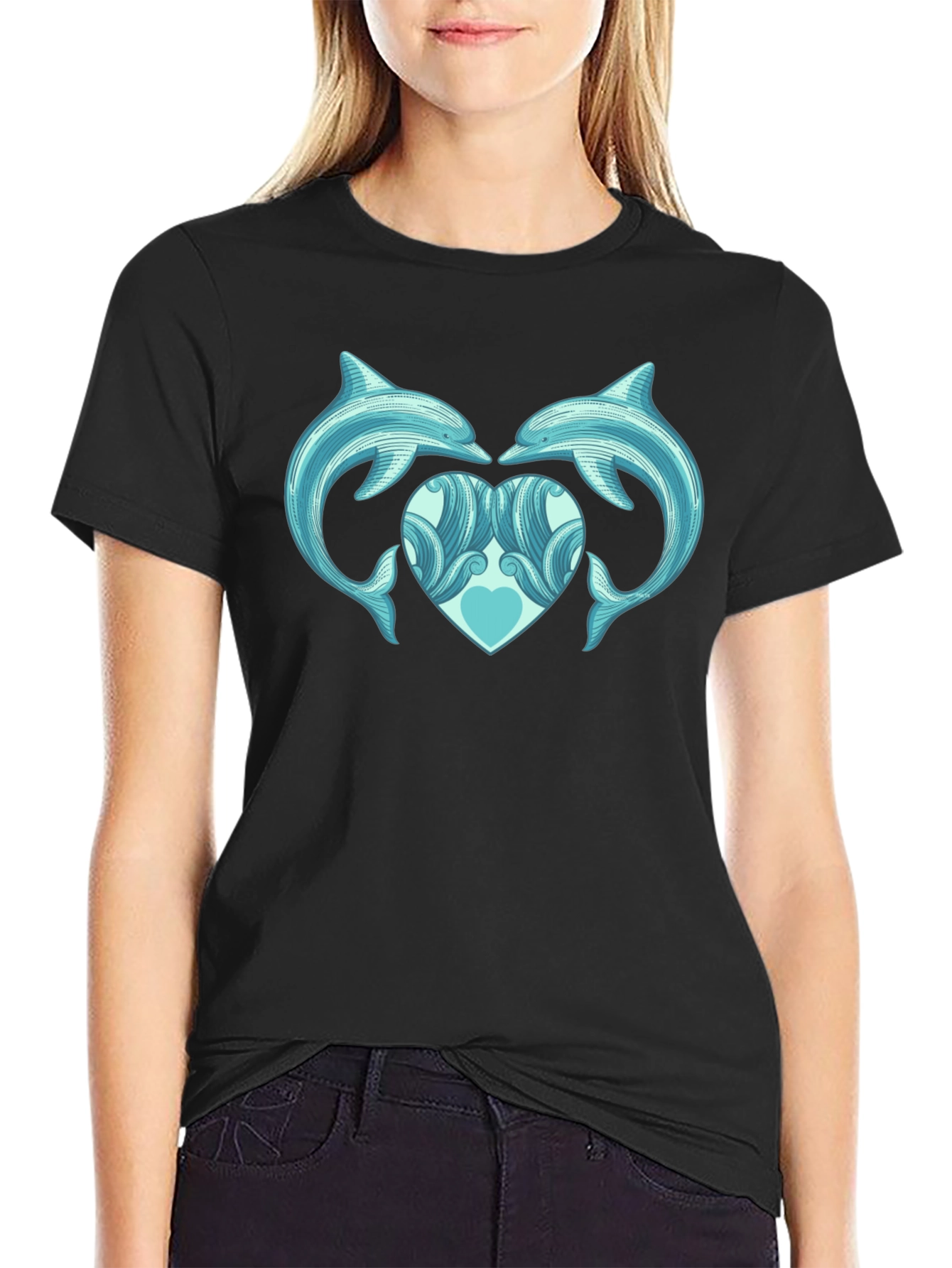 Dolphin Heart Graphic Tee - Black Cotton Casual