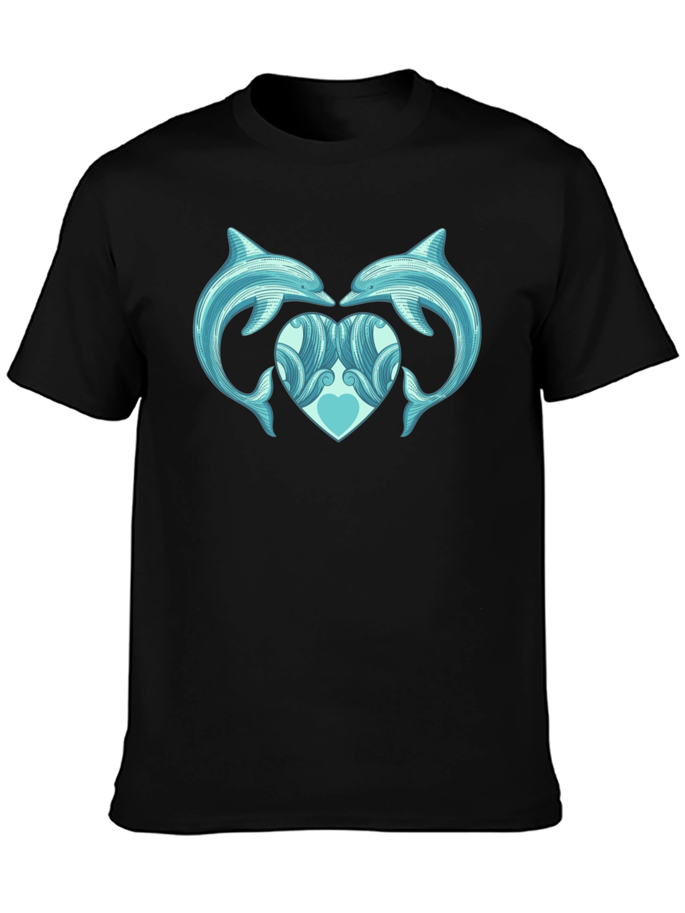 Dolphin Heart Graphic Tee - Black Cotton Casual