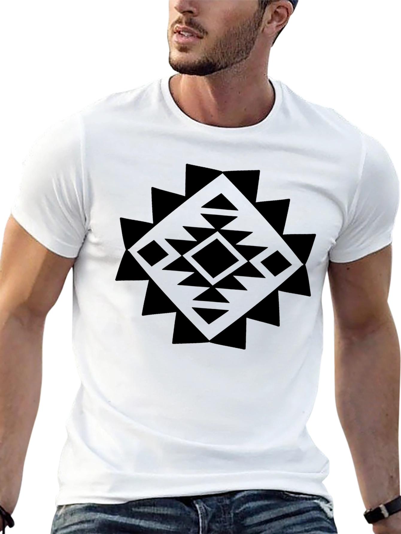 Geometric Print Black Crew Neck T-Shirt