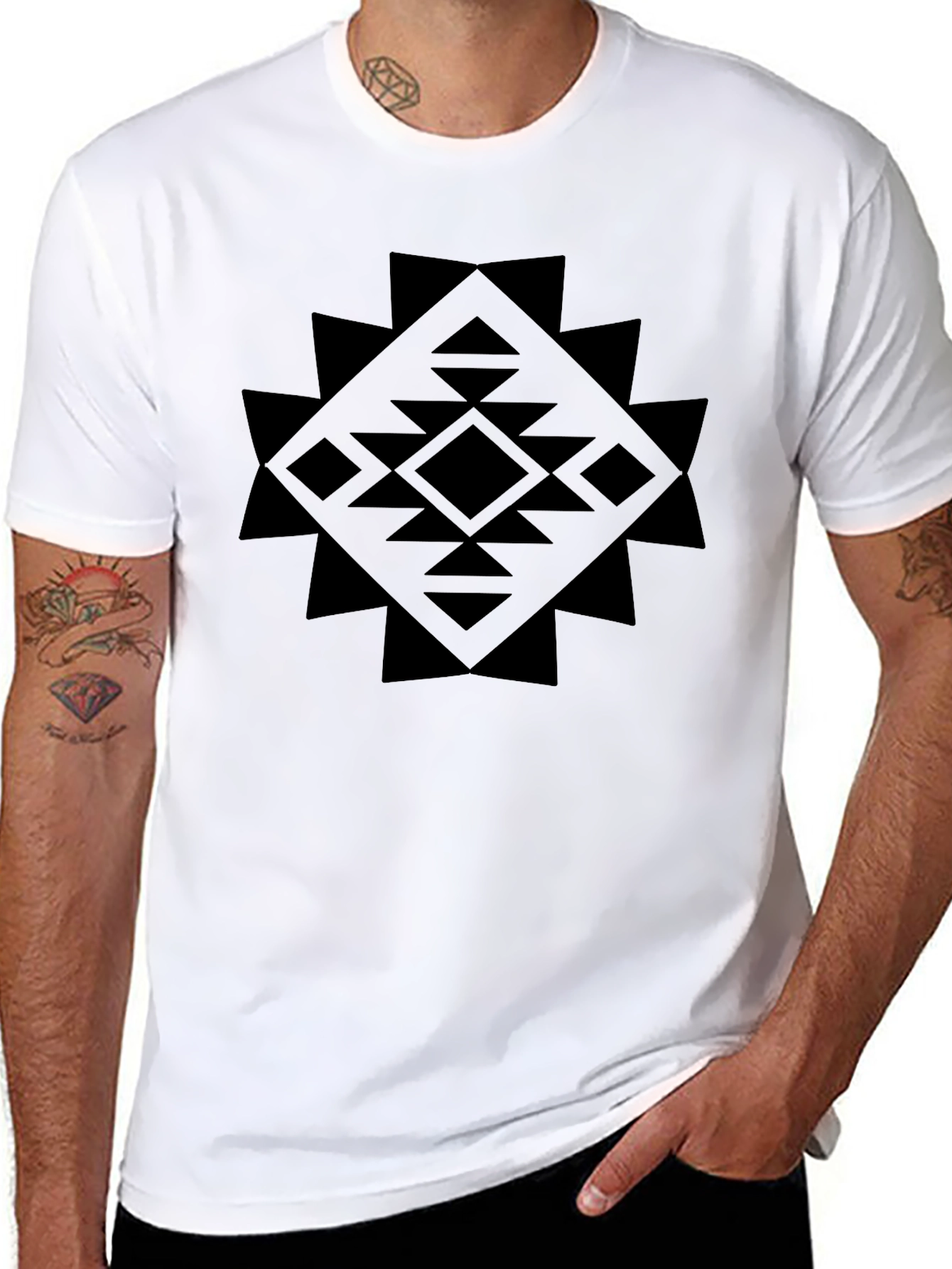 Geometric Print Black Crew Neck T-Shirt