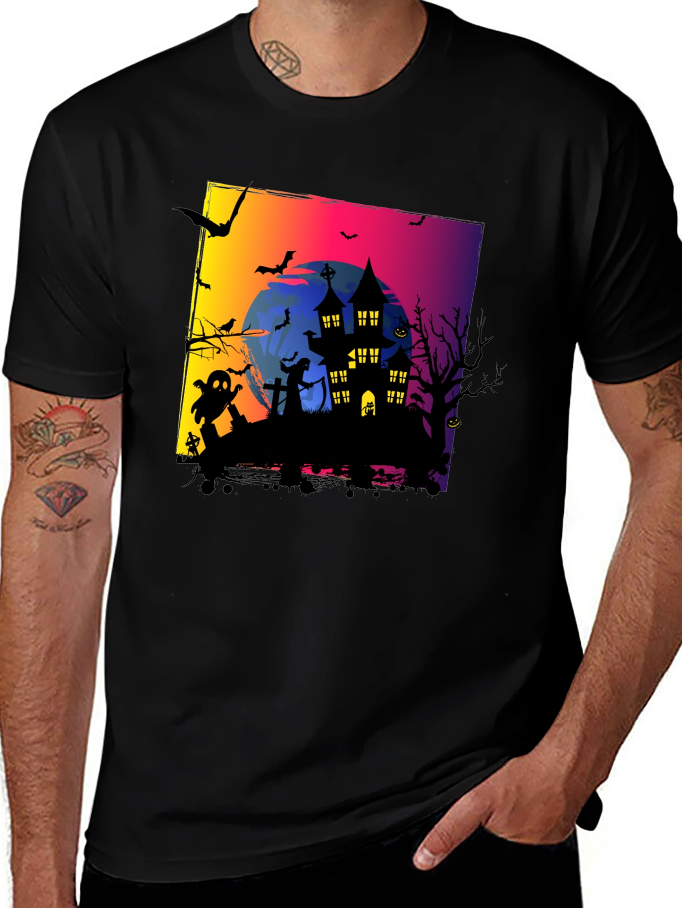 Spooky Halloween Haunted House Graphic Tee