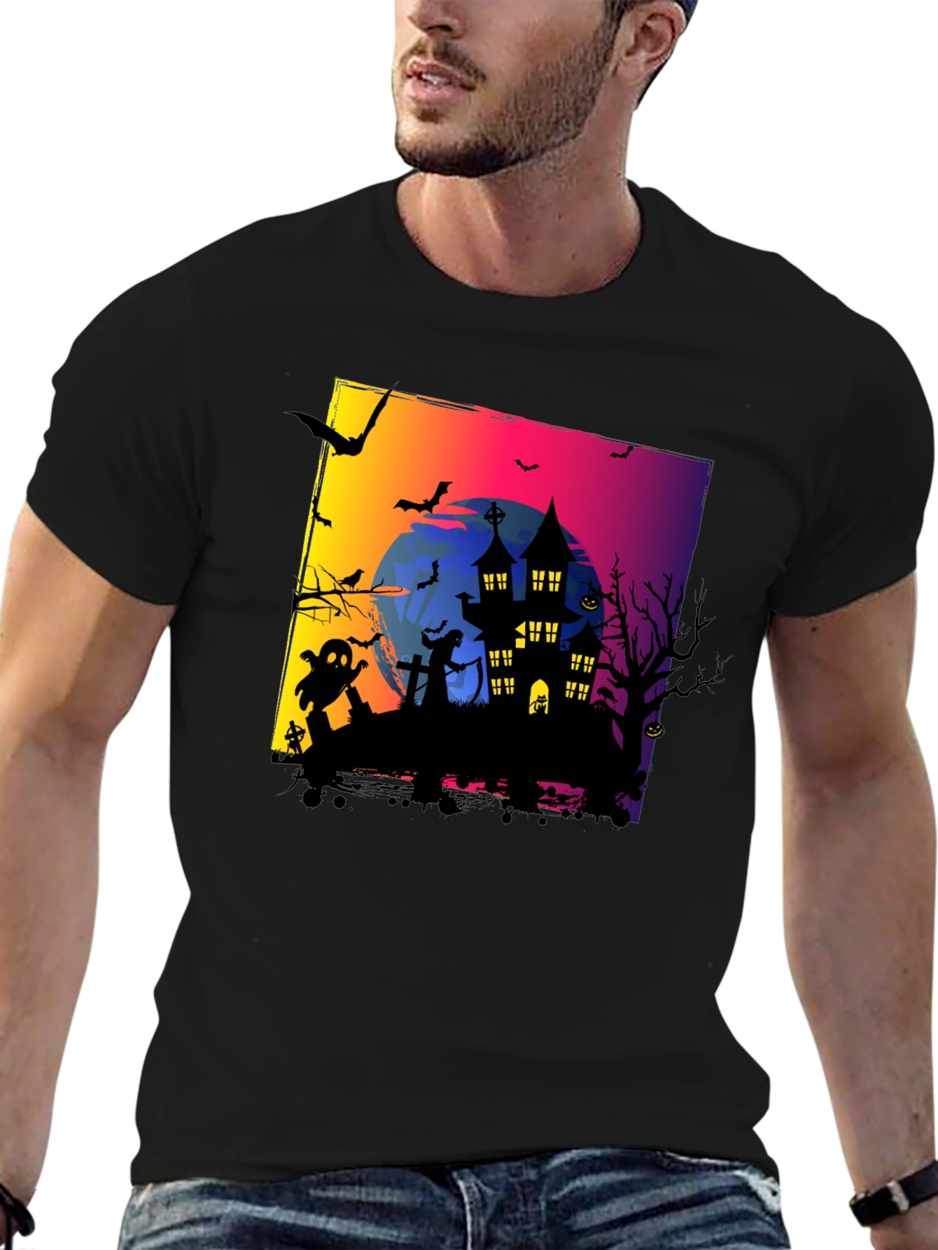 Spooky Halloween Haunted House Graphic Tee