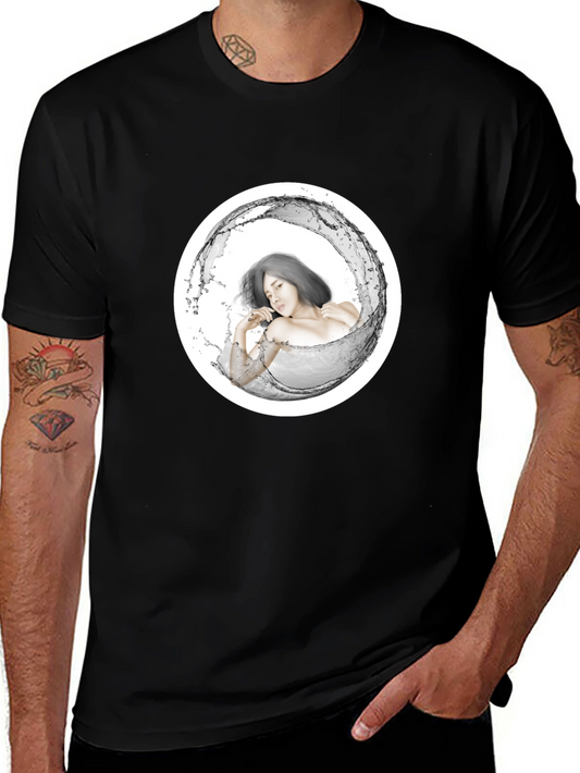 Stylish Black Tee with Artistic Water Woman Design