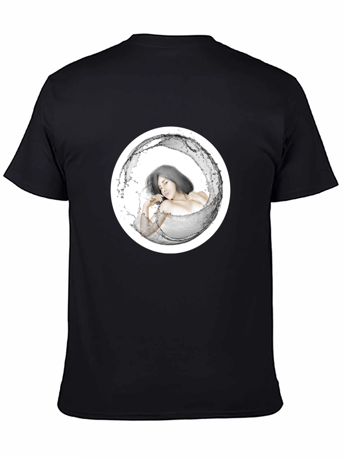 Stylish Black Tee with Artistic Water Woman Design