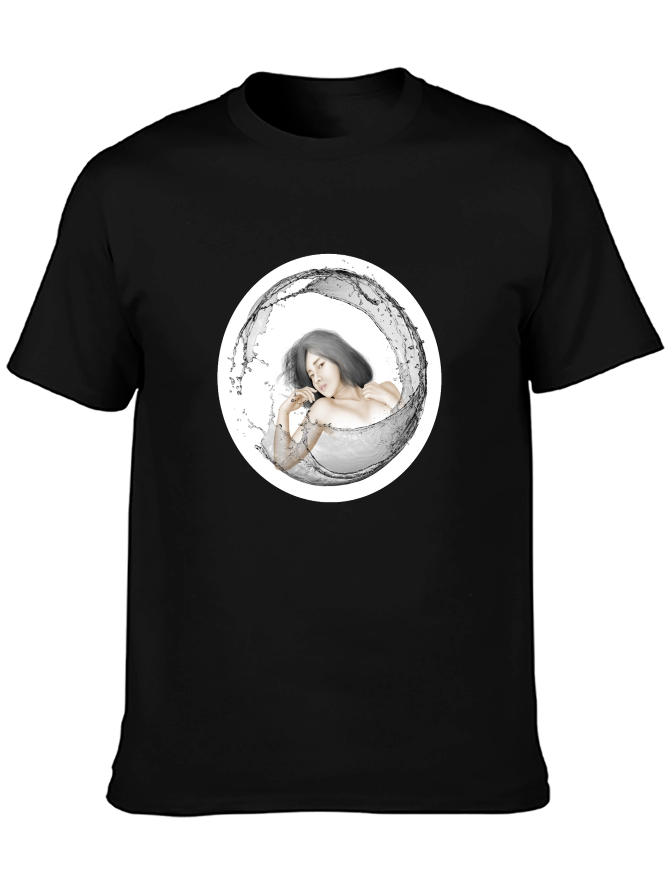 Stylish Black Tee with Artistic Water Woman Design