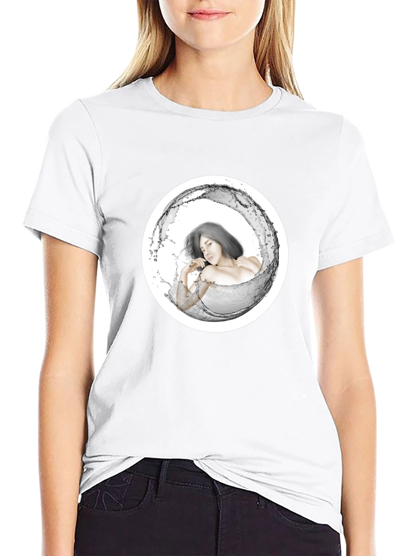 Stylish Black Tee with Artistic Water Woman Design