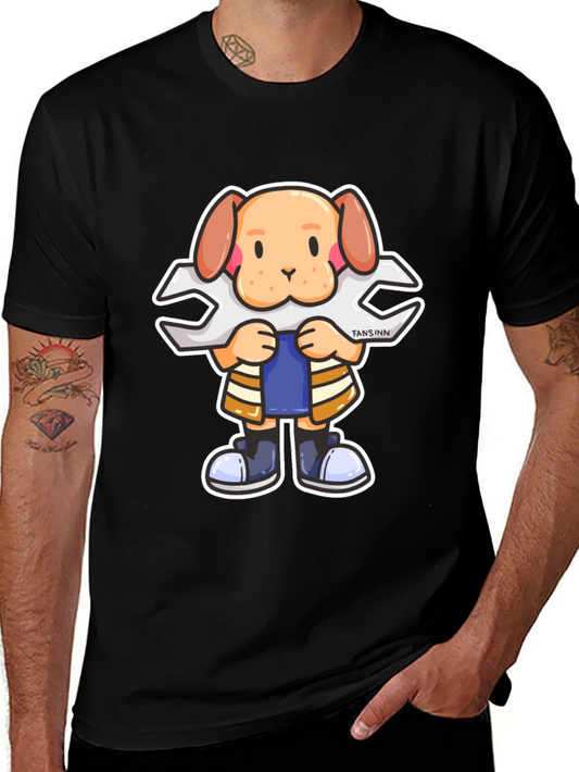 Dog Mechanic Cartoon Black T-Shirt