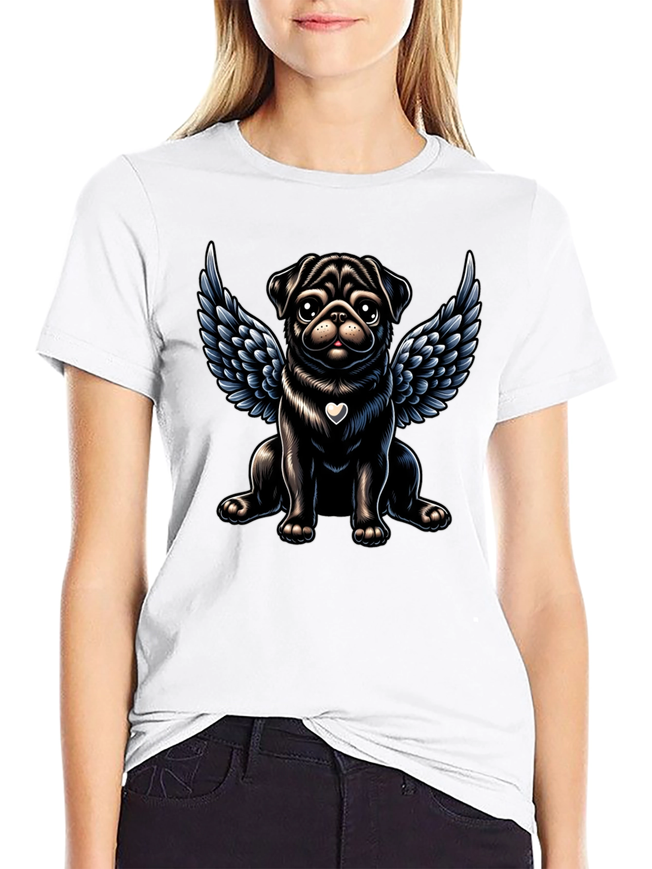 Angel Pug Graphic Tee - Black Cotton T-Shirt