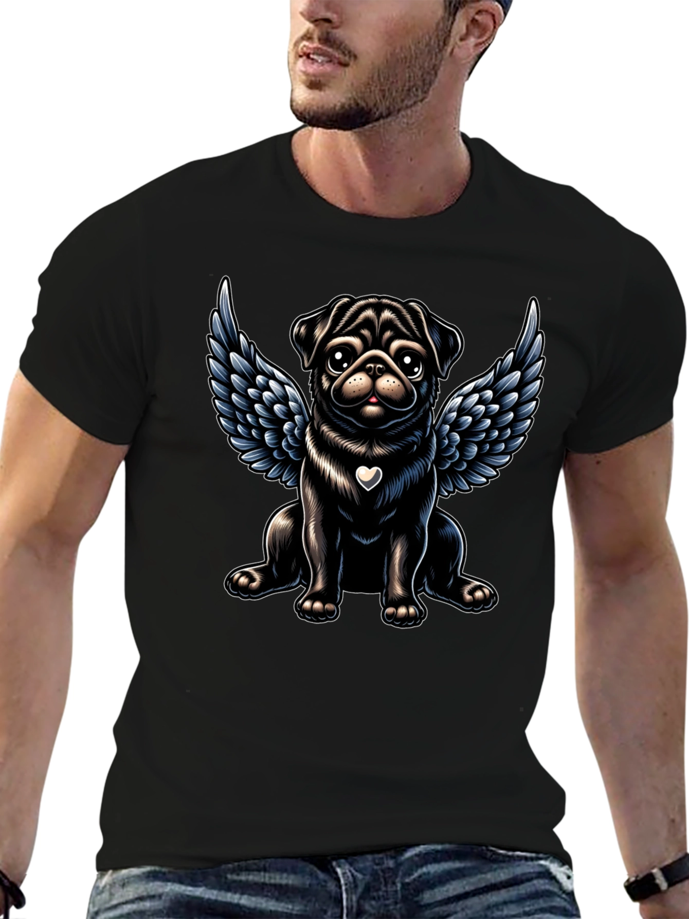 Angel Pug Graphic Tee - Black Cotton T-Shirt