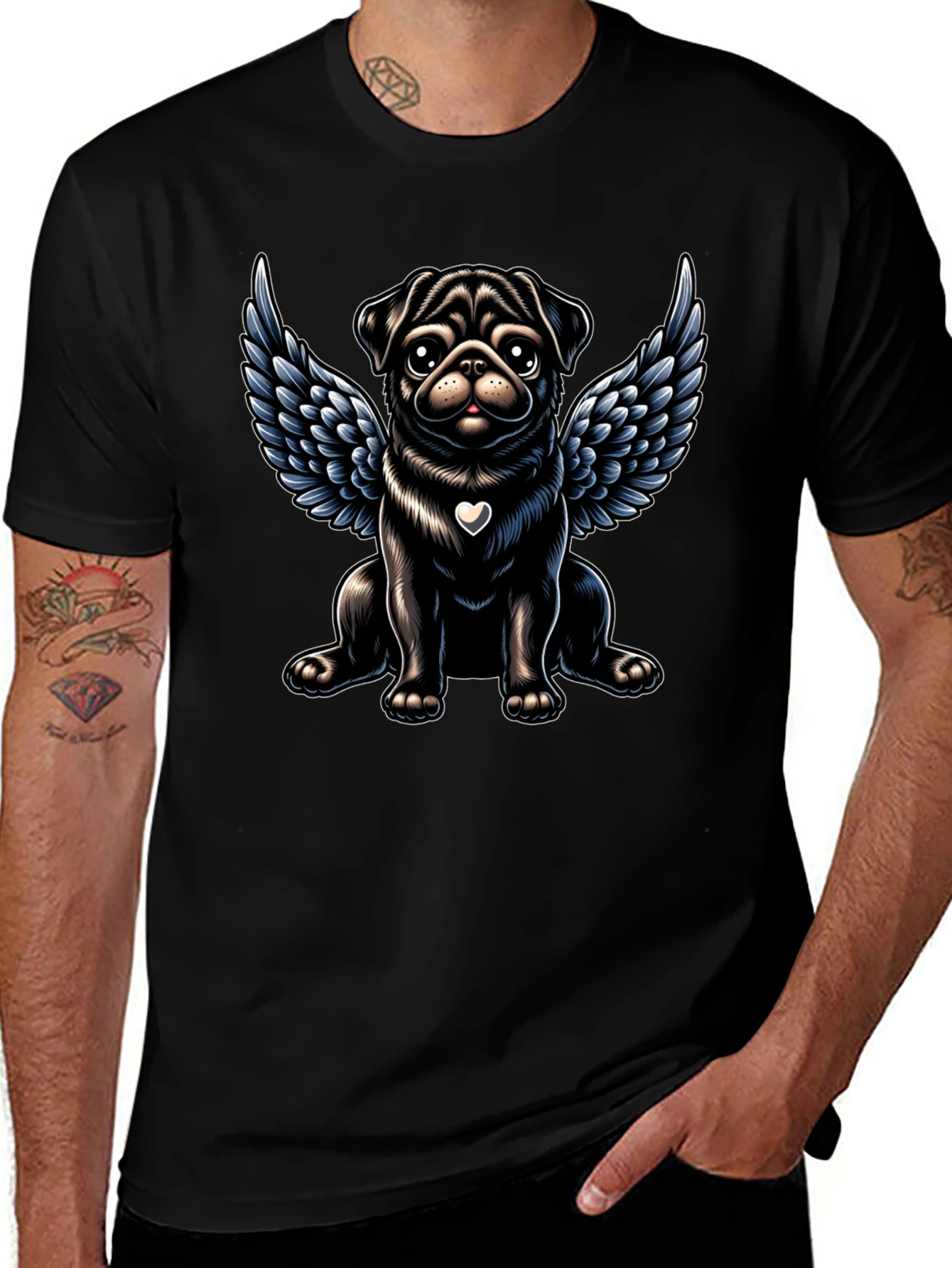 Angel Pug Graphic Tee - Black Cotton T-Shirt