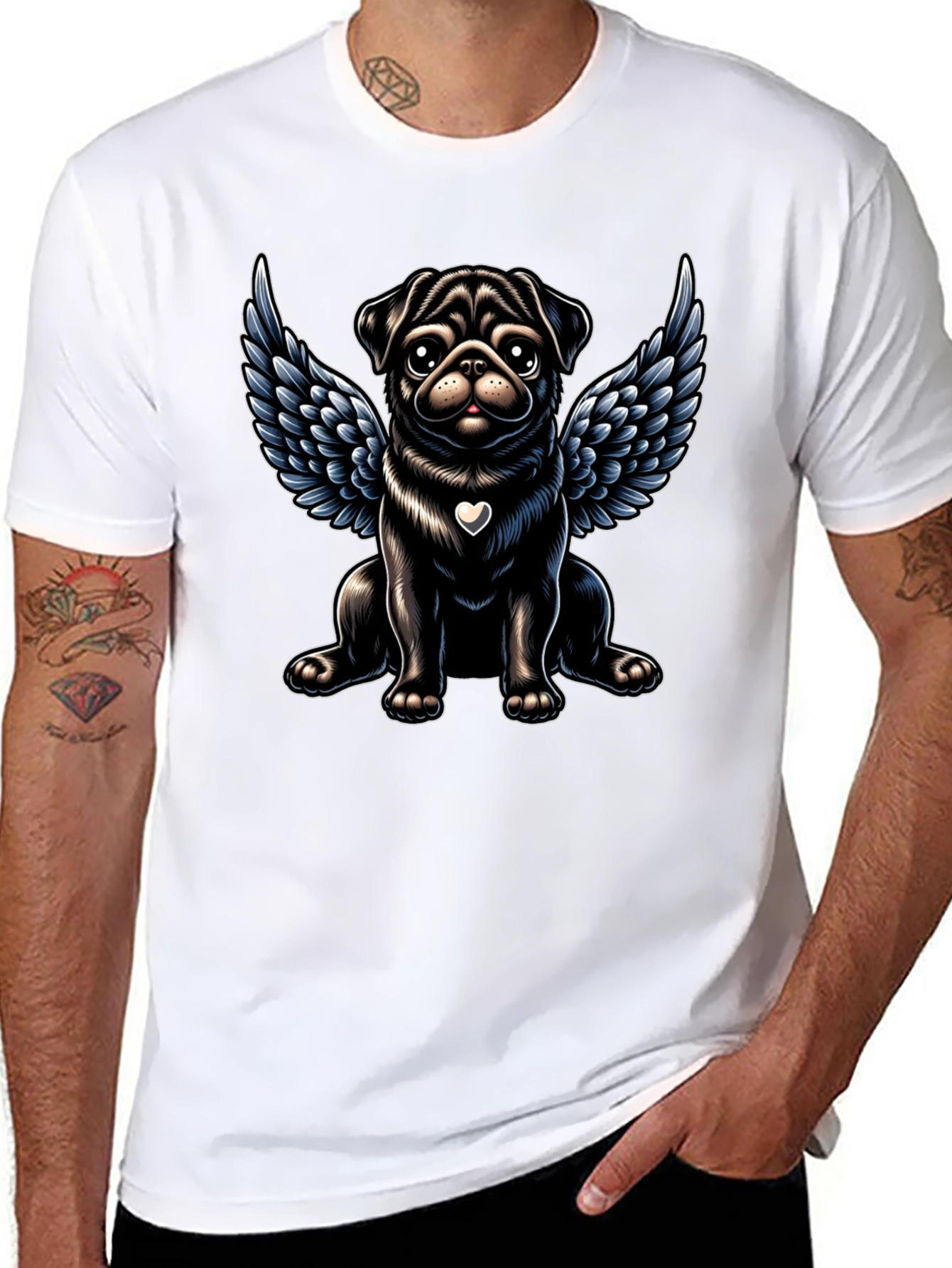 Angel Pug Graphic Tee - Black Cotton T-Shirt