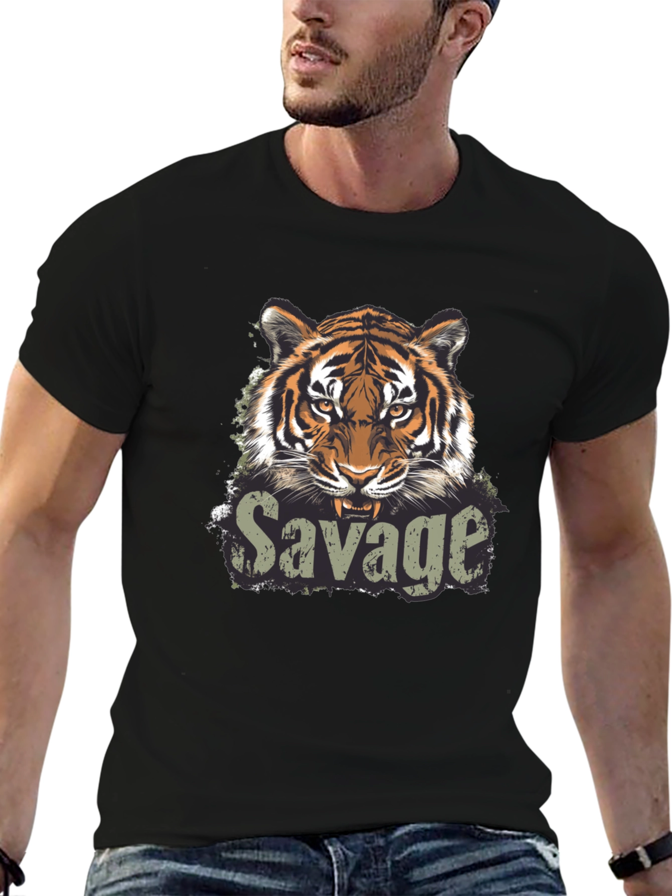 Savage Tiger Graphic Print Black T-Shirt