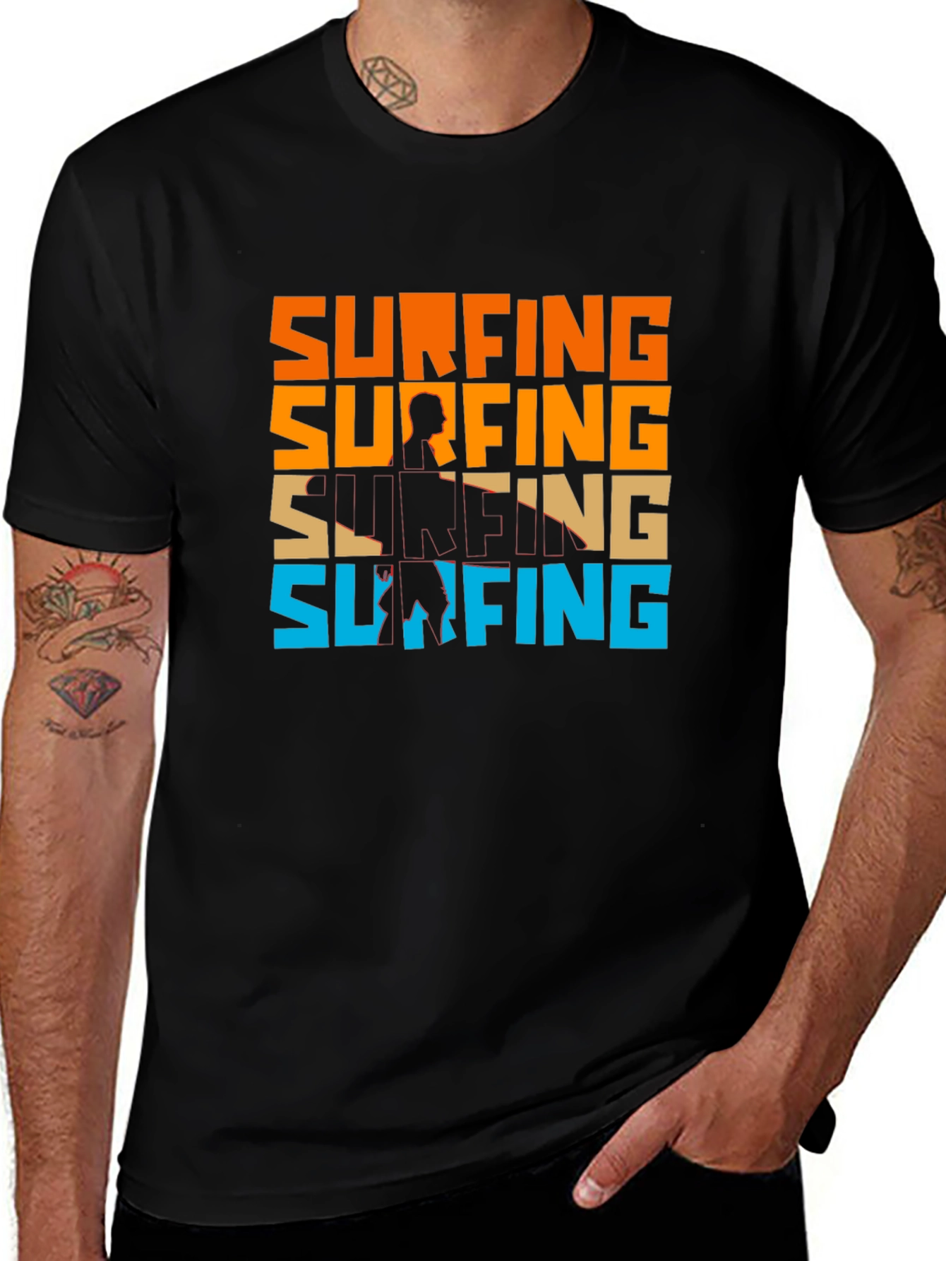 Surfing Graphic Tee - Retro Style Black T-Shirt