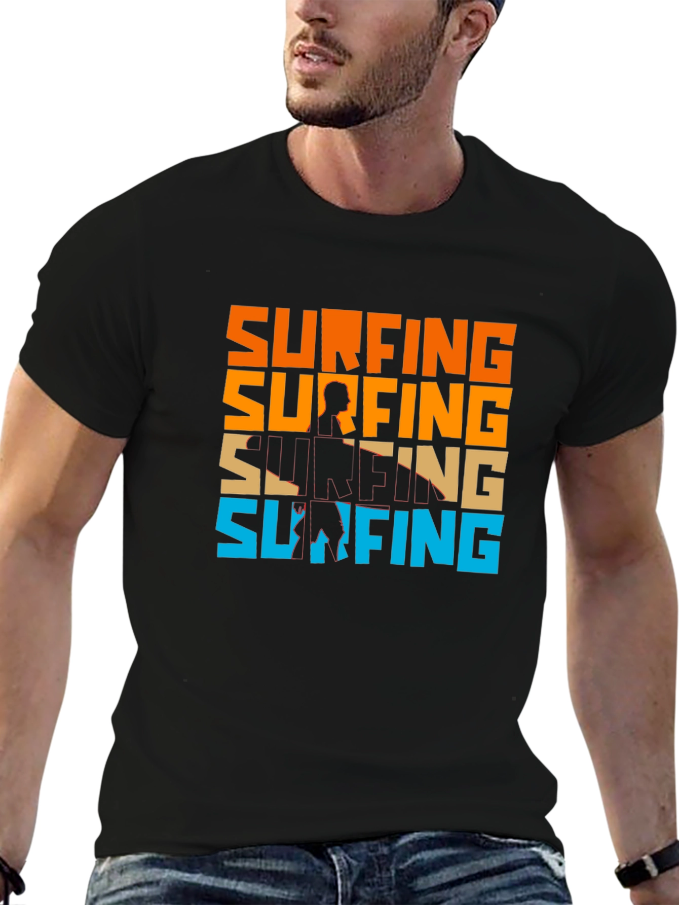 Surfing Graphic Tee - Retro Style Black T-Shirt