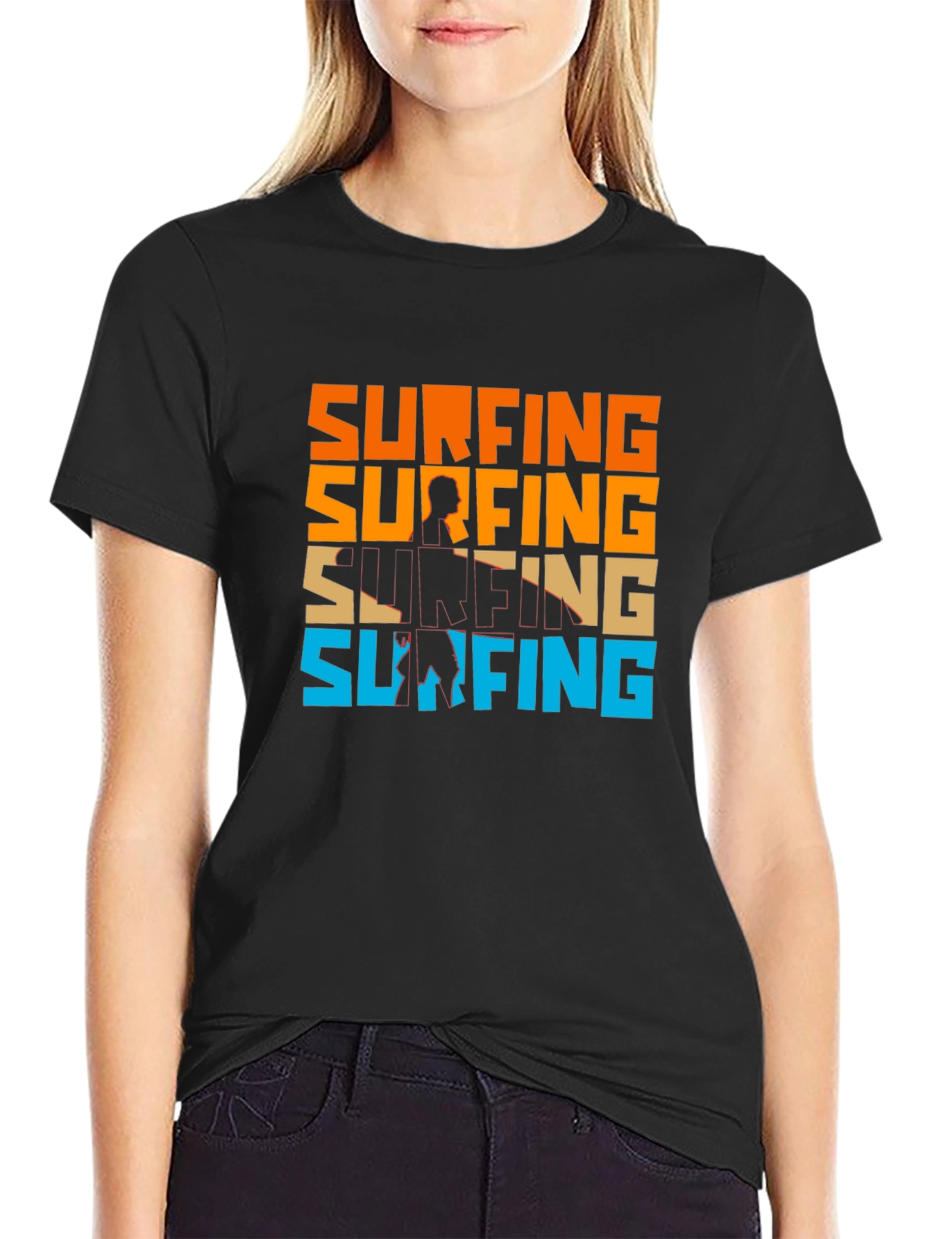 Surfing Graphic Tee - Retro Style Black T-Shirt