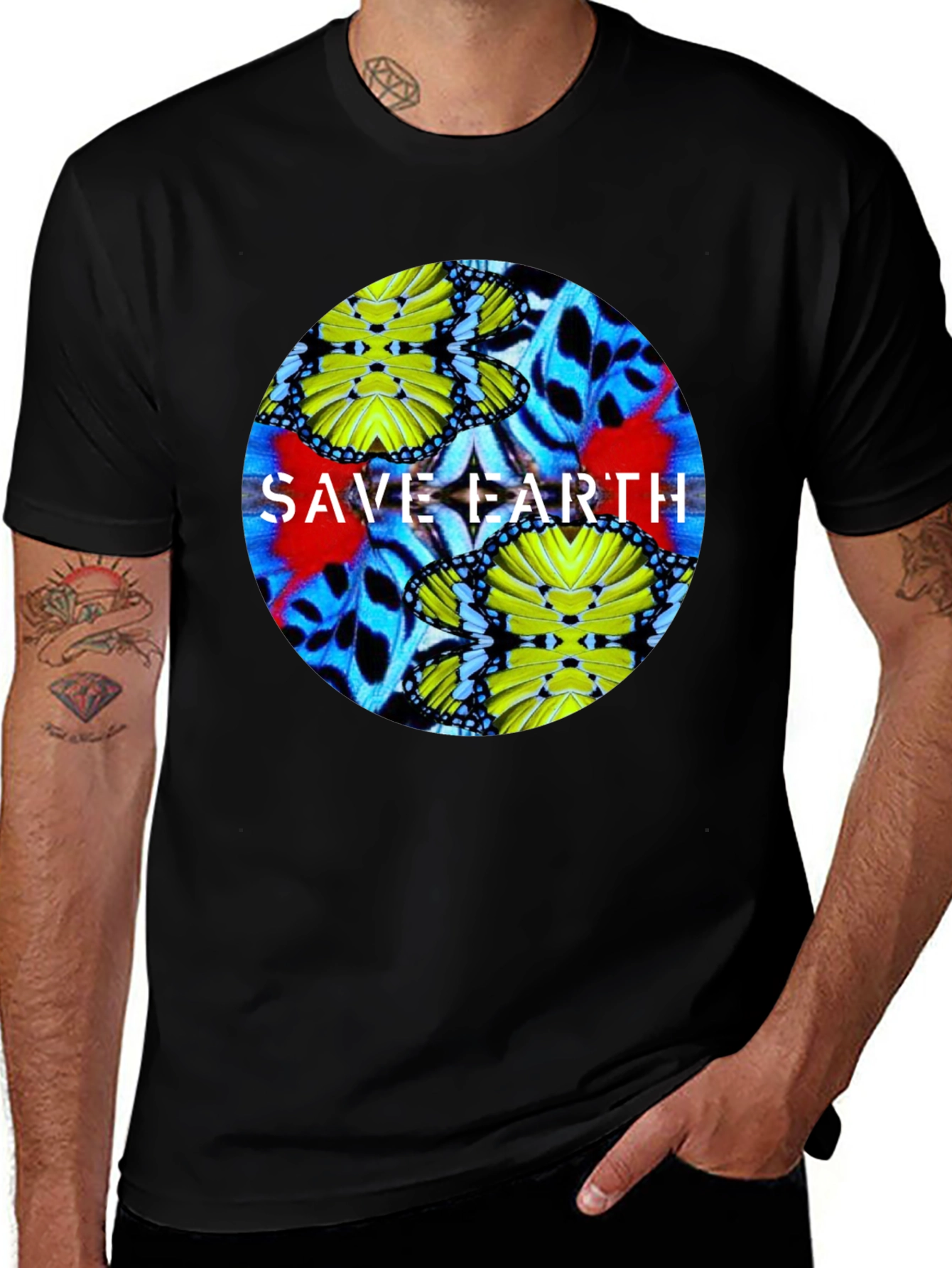 Save Earth Butterfly Graphic Black T-Shirt