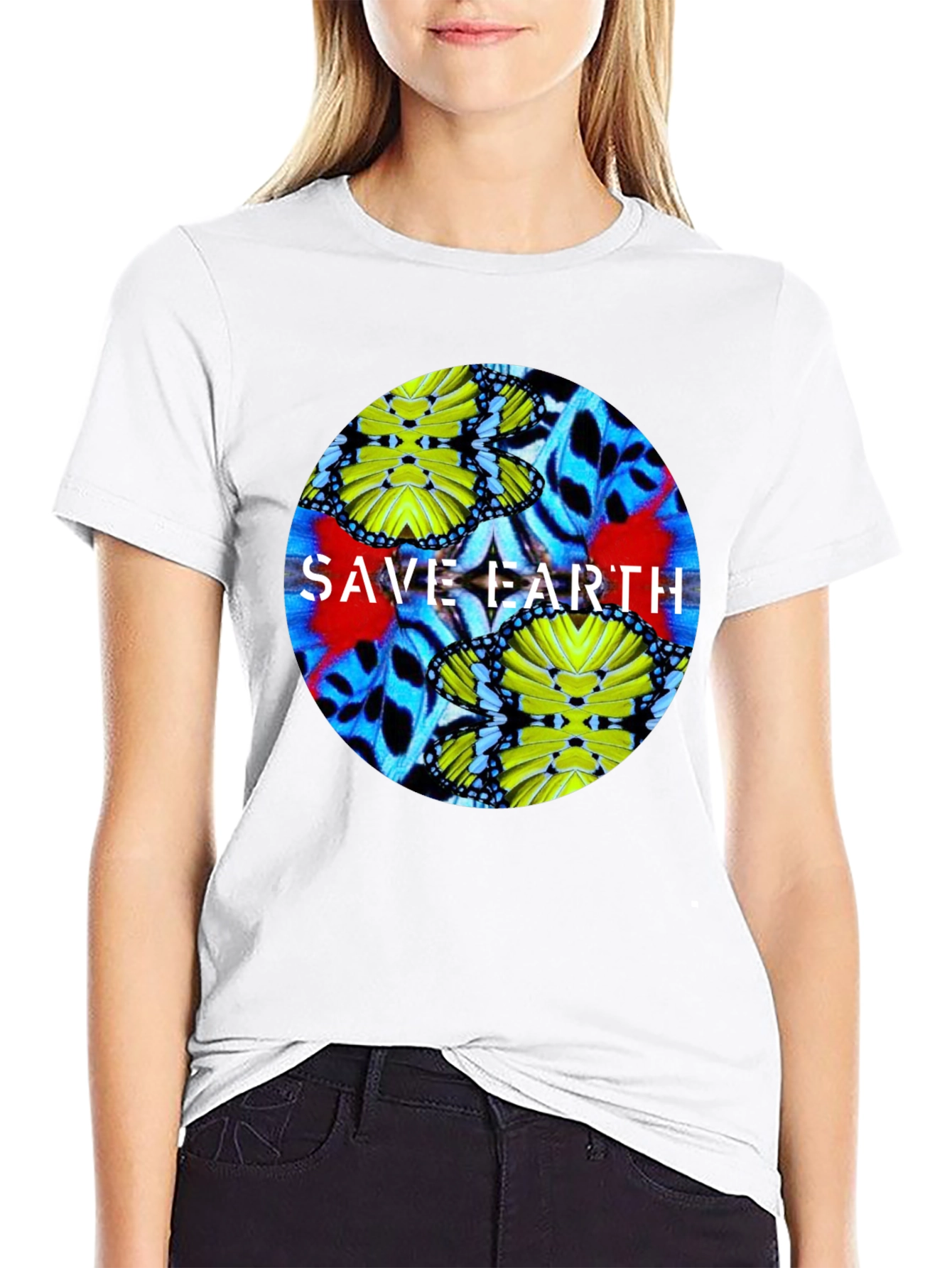 Save Earth Butterfly Graphic Black T-Shirt