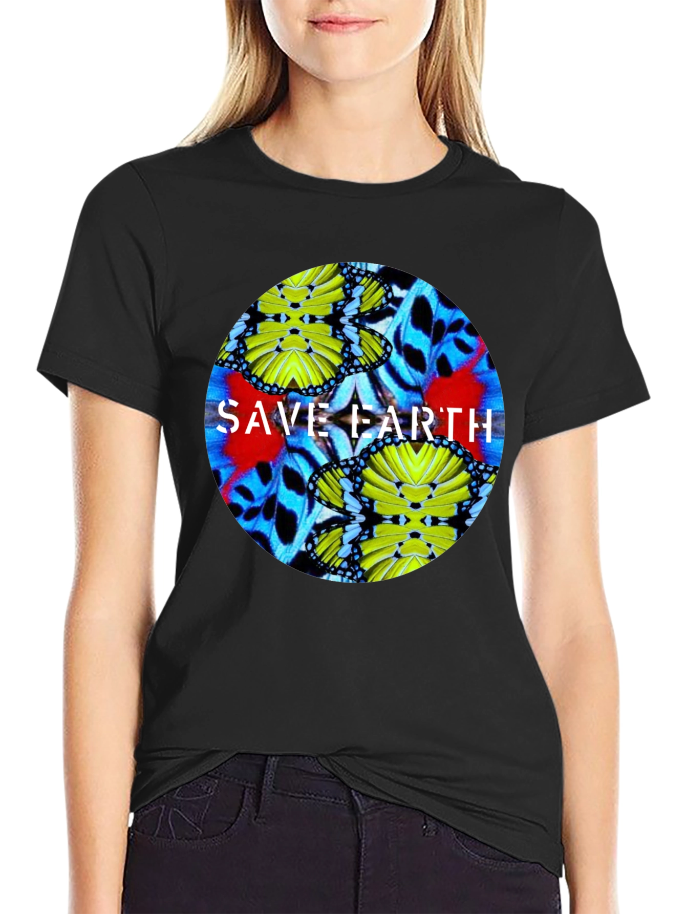 Save Earth Butterfly Graphic Black T-Shirt
