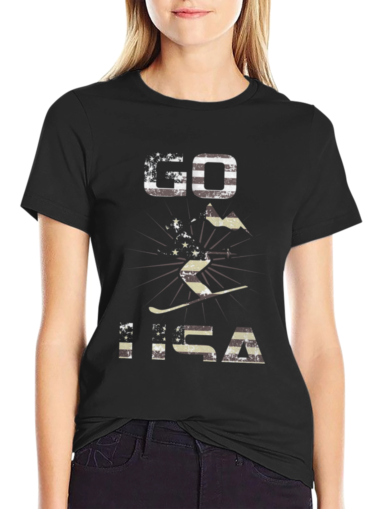 Go USA Patriotic Skiing Graphic T-Shirt