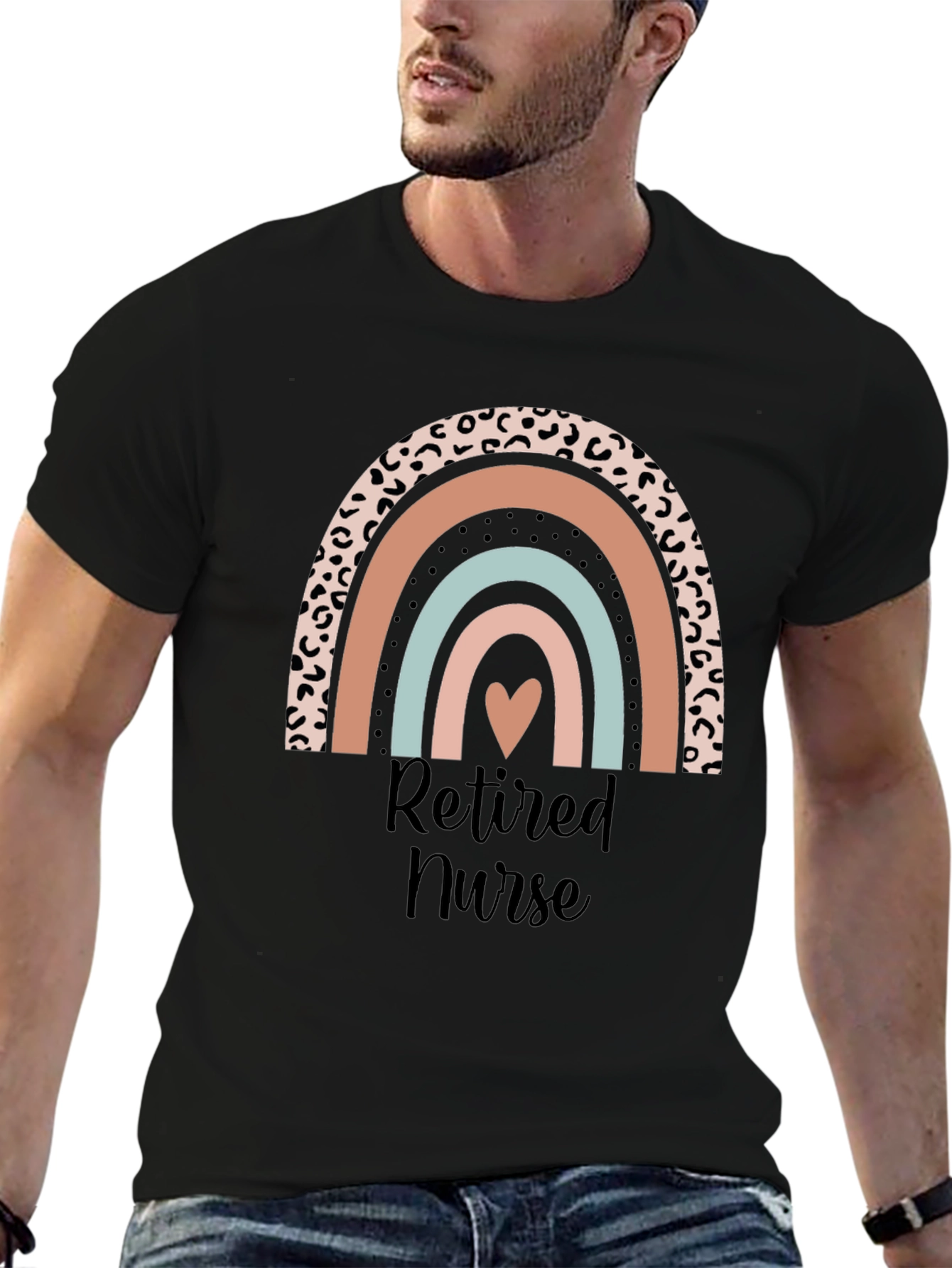 Retired Nurse Rainbow Heart Graphic T-Shirt