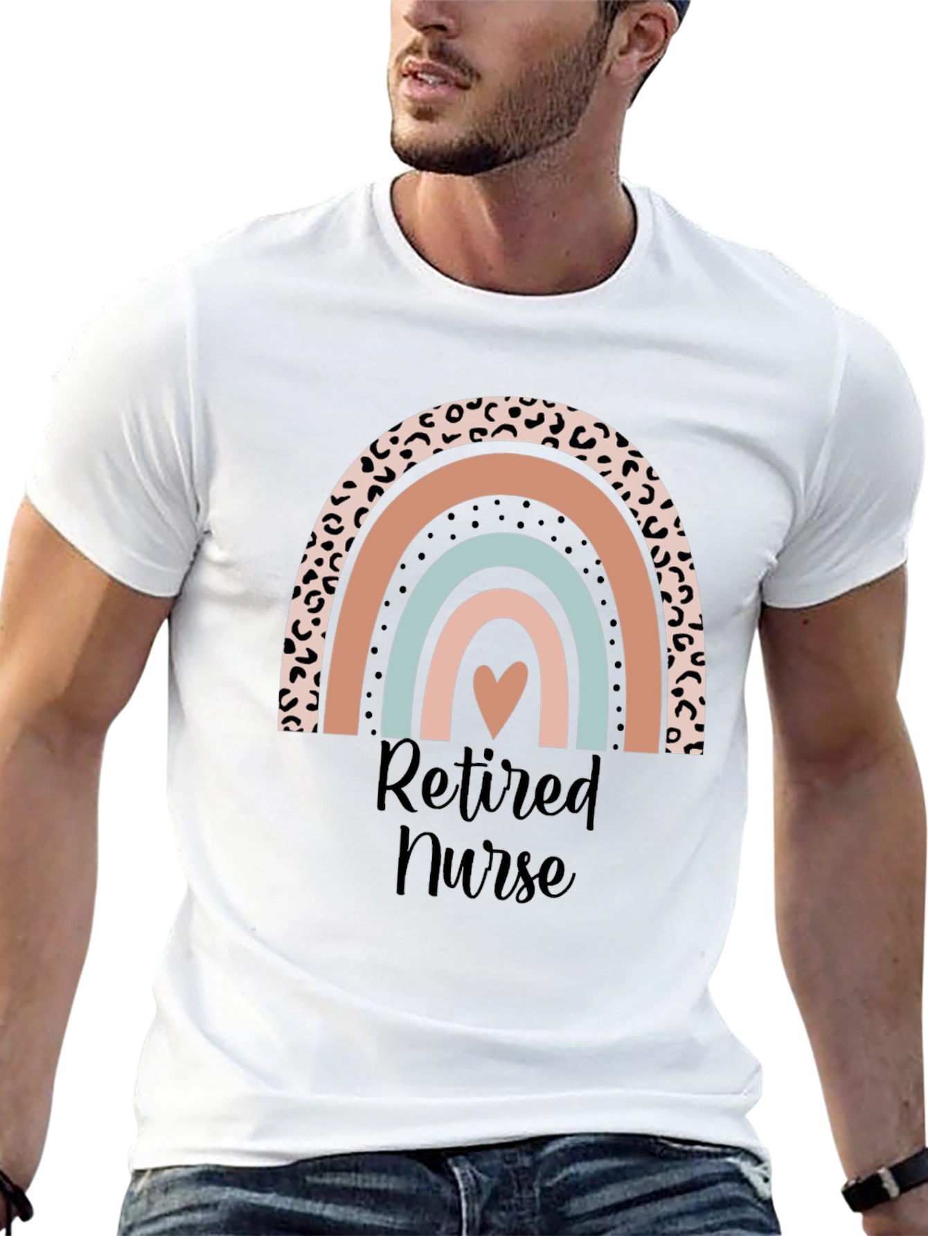 Retired Nurse Rainbow Heart Graphic T-Shirt