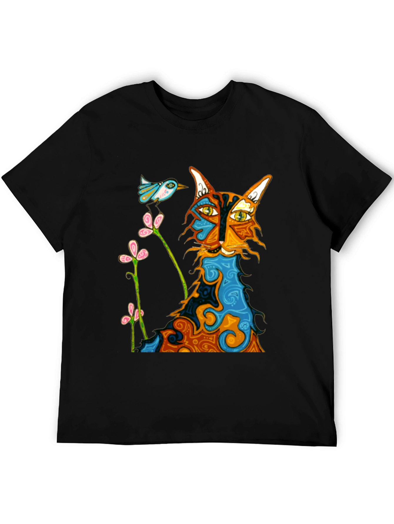 Whimsical Cat & Bird Graphic Tee