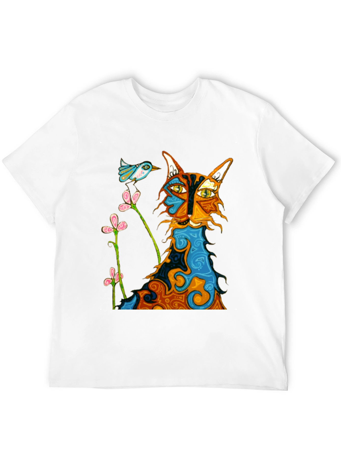 Whimsical Cat & Bird Graphic Tee