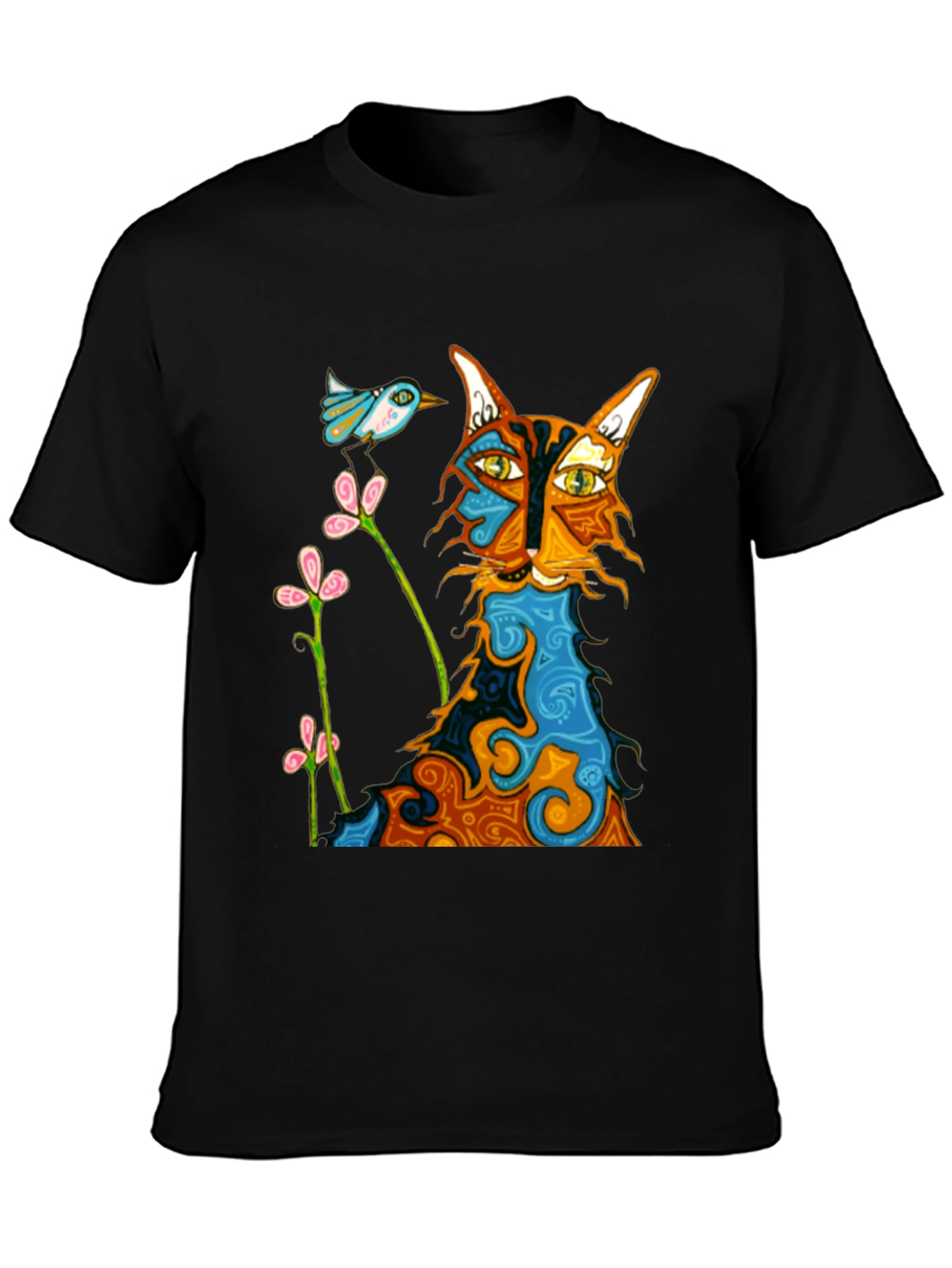 Whimsical Cat & Bird Graphic Tee