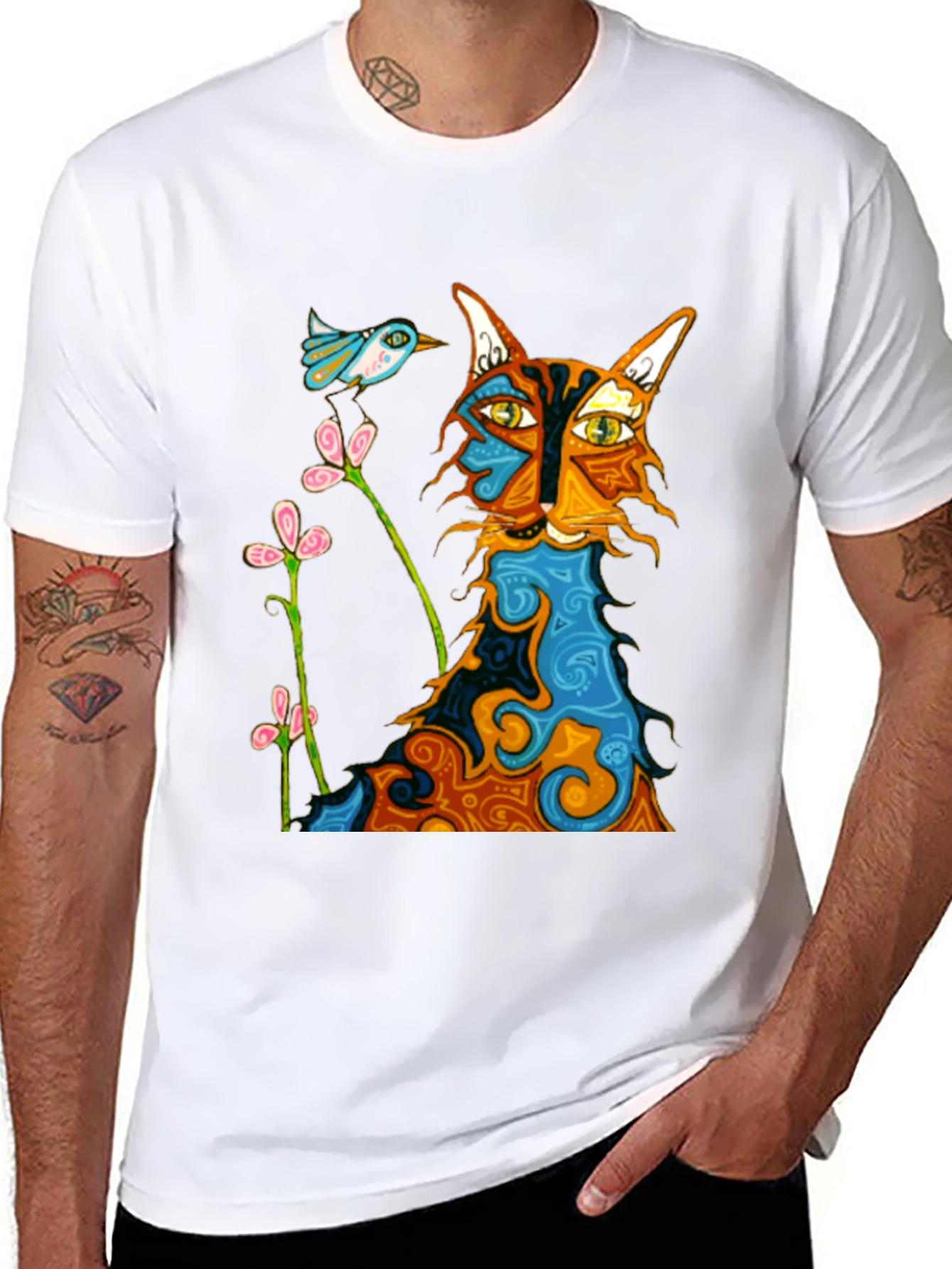 Whimsical Cat & Bird Graphic Tee