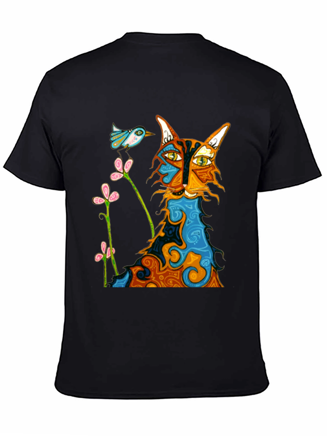 Whimsical Cat & Bird Graphic Tee