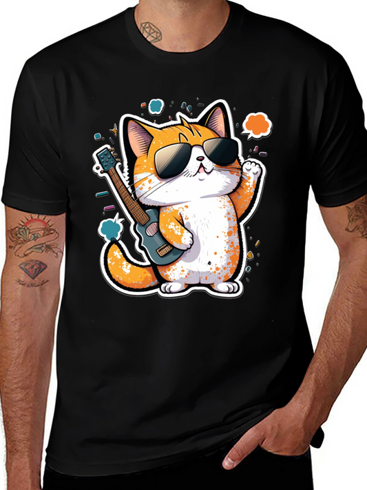 Cool Cat Guitarist Graphic Tee - Black Cotton T-Shirt