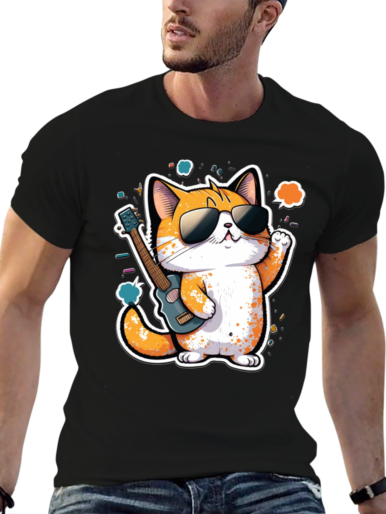 Cool Cat Guitarist Graphic Tee - Black Cotton T-Shirt