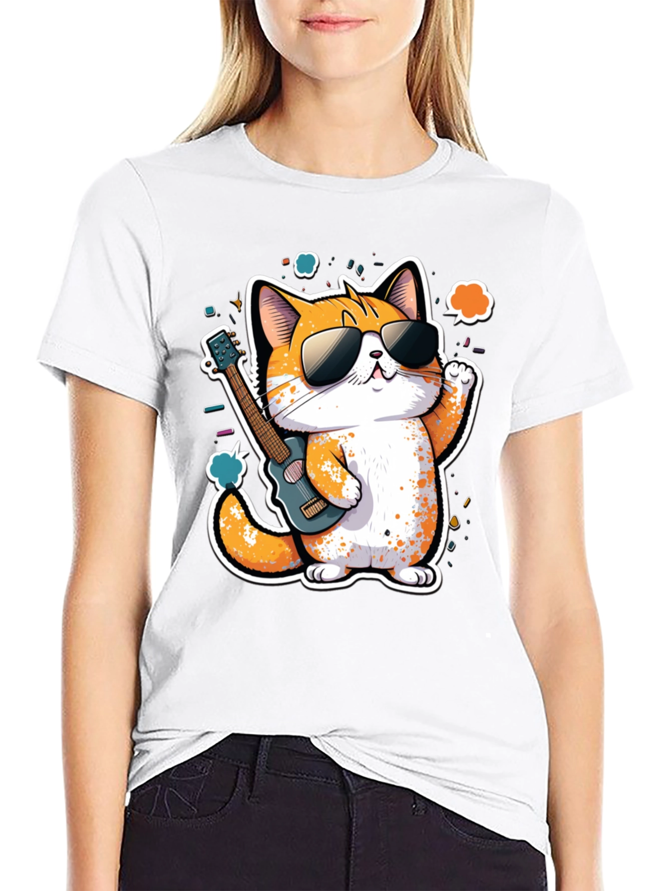 Cool Cat Guitarist Graphic Tee - Black Cotton T-Shirt