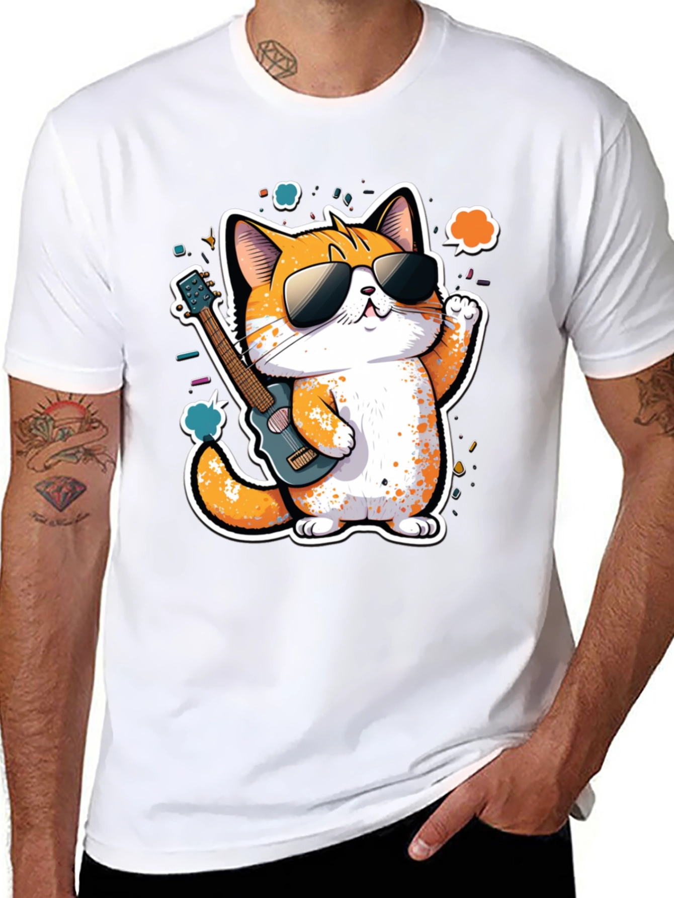 Cool Cat Guitarist Graphic Tee - Black Cotton T-Shirt