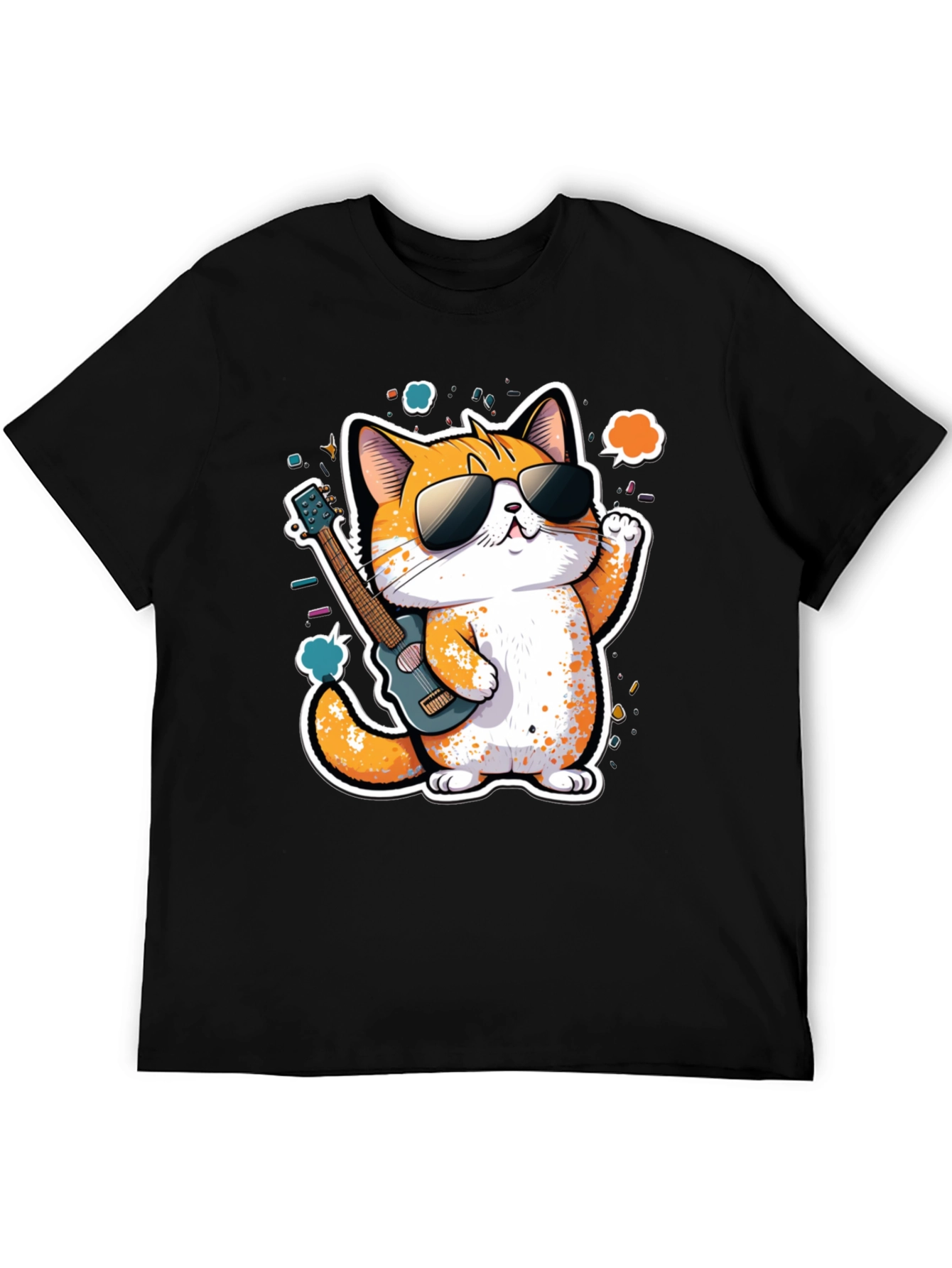 Cool Cat Guitarist Graphic Tee - Black Cotton T-Shirt