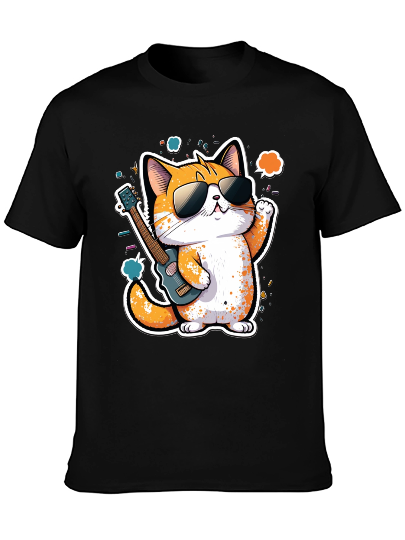 Cool Cat Guitarist Graphic Tee - Black Cotton T-Shirt