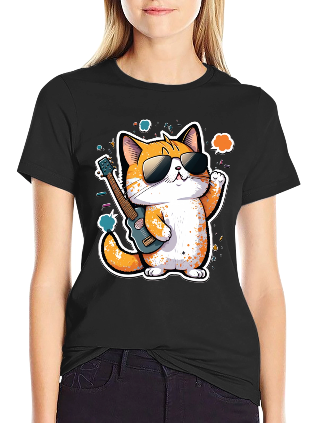 Cool Cat Guitarist Graphic Tee - Black Cotton T-Shirt